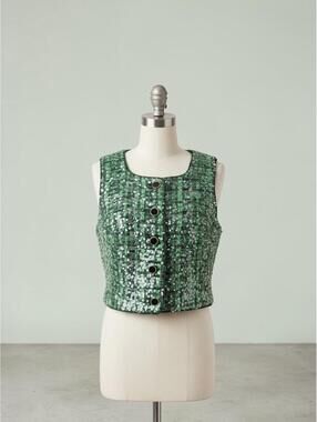 Anthropologie Green Sequin Tweed Sleeveless Vest